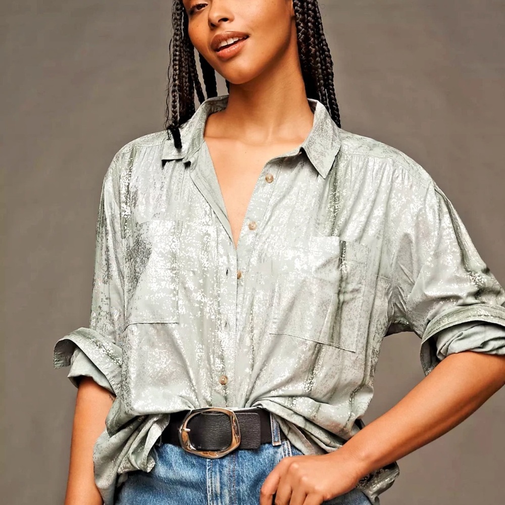 Anthropologie Pilcro Sage Green Foil Shine Button Down Shirt Top Size S - Picture 11 of 16